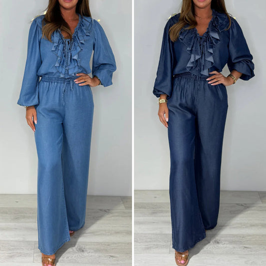 Ensemble deux pièces pour femme : chemisier à manches longues avec volants à plusieurs niveaux sur le col en V et pantalon large