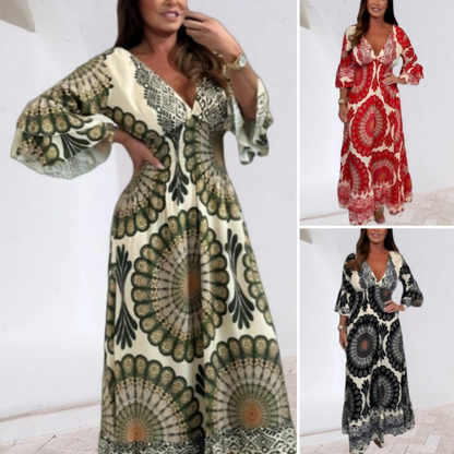 Robe longue rétro bohème à col en V profond pour femme