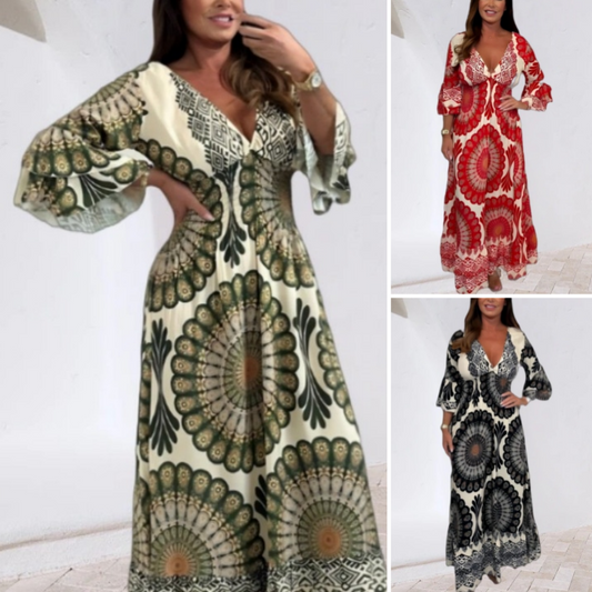 Robe longue rétro bohème à col en V profond pour femme