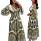 Robe longue rétro bohème à col en V profond pour femme
