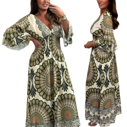 Robe longue rétro bohème à col en V profond pour femme