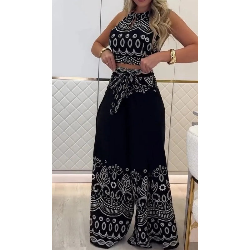 Ensemble femme vintage à motifs ethniques, haut sans manches à dos nu et pantalon large