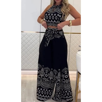 Ensemble femme vintage à motifs ethniques, haut sans manches à dos nu et pantalon large