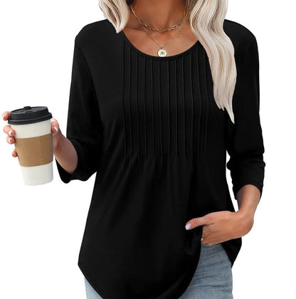 🌸50% de réduction💐T-shirt fin à col rond et à volants, coupe ample