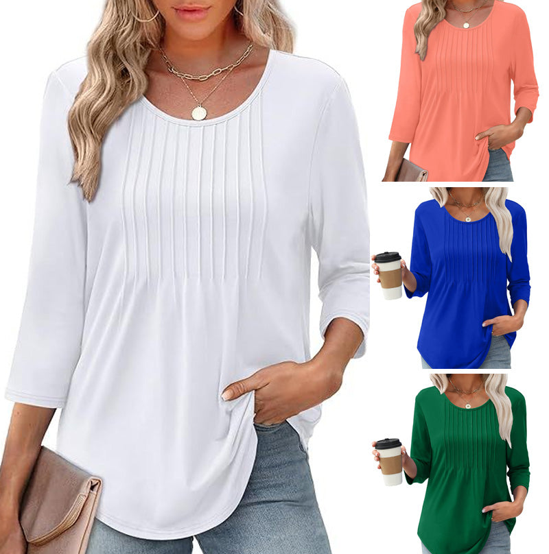 🌸50% de réduction💐T-shirt fin à col rond et à volants, coupe ample
