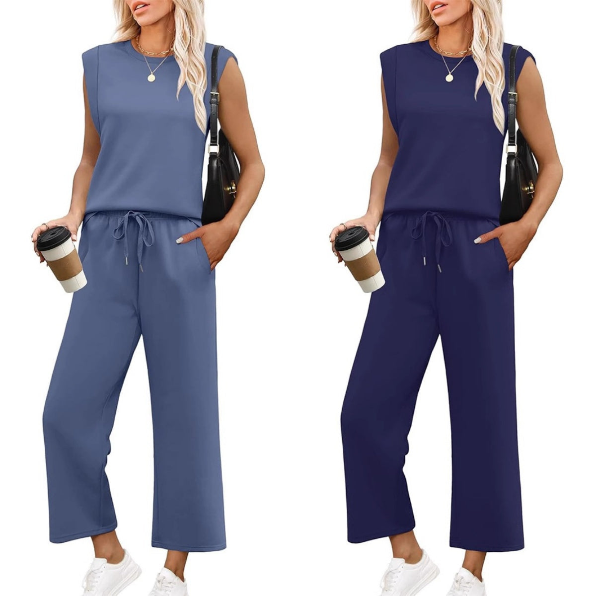 🌸 Vente à chaud👠Ensemble 2 pièces sans manches et pantalon large pour femmes