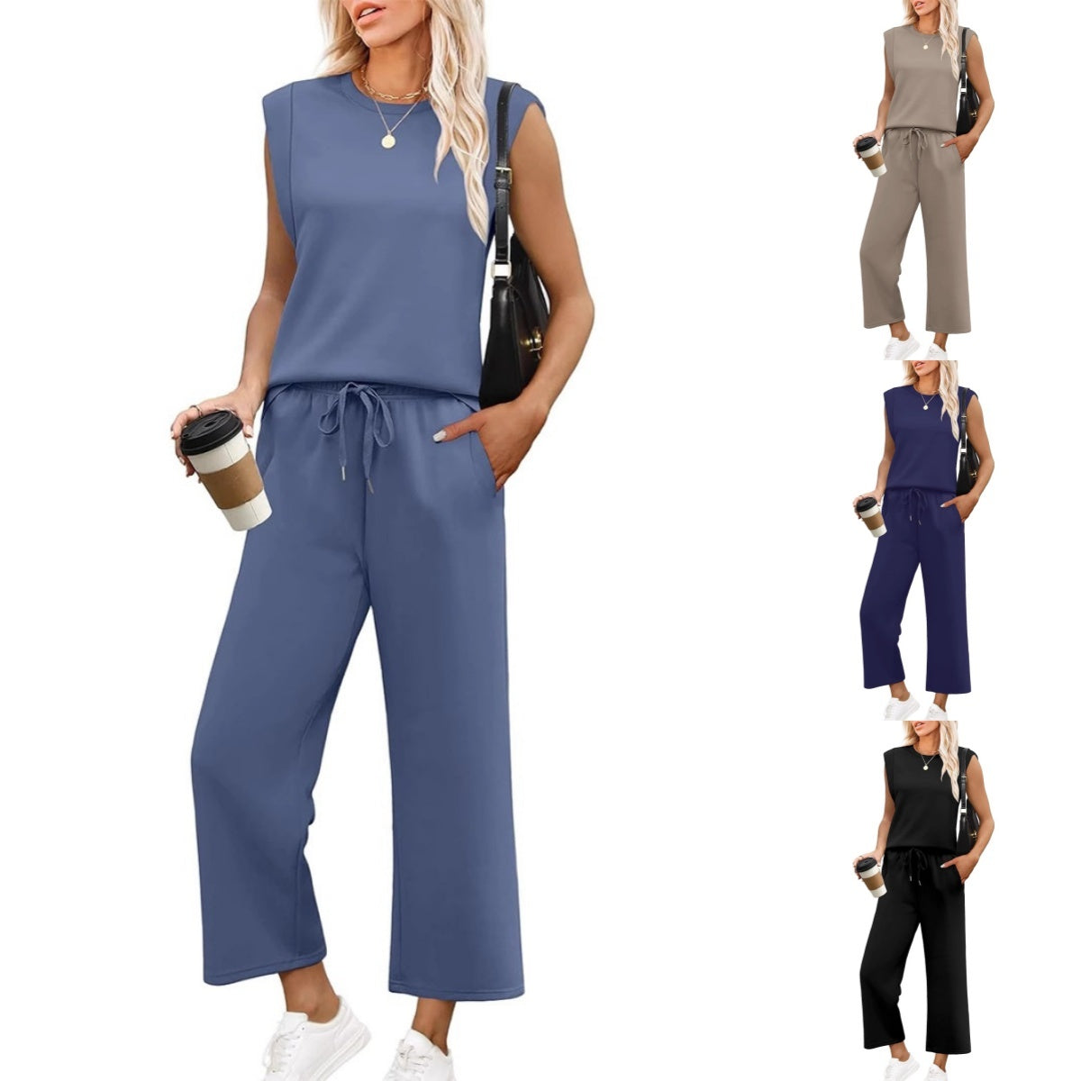 🌸 Vente à chaud👠Ensemble 2 pièces sans manches et pantalon large pour femmes