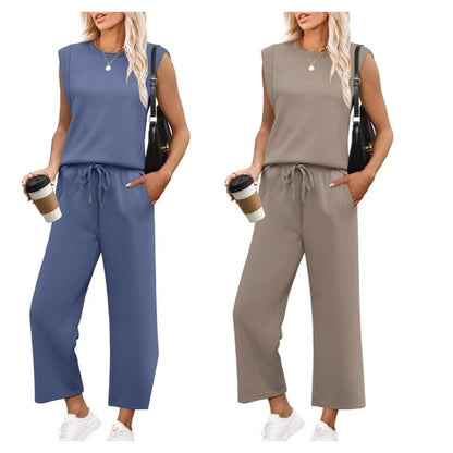 🌸 Vente à chaud👠Ensemble 2 pièces sans manches et pantalon large pour femmes
