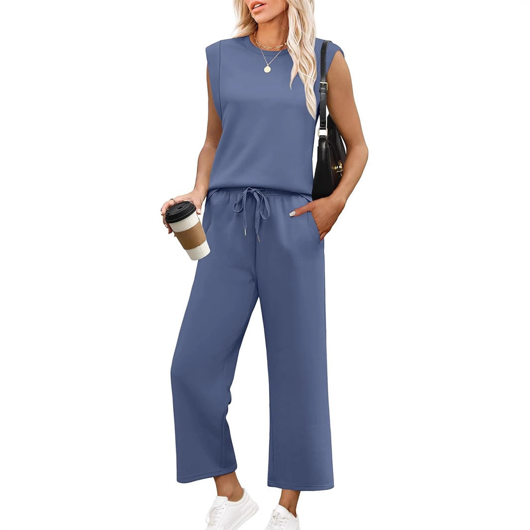 🌸 Vente à chaud👠Ensemble 2 pièces sans manches et pantalon large pour femmes