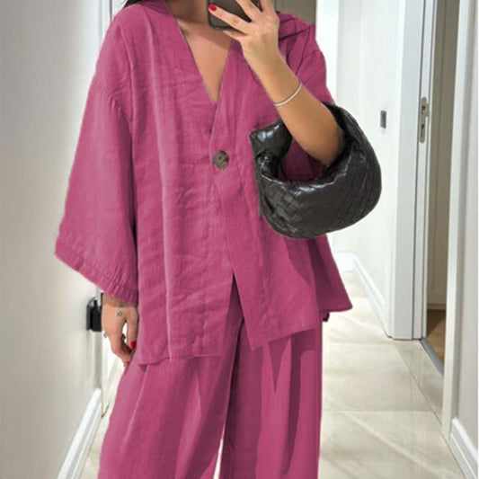 Haut à col en V et pantalon large pour femme Ensemble 2 pièces de couleur unie