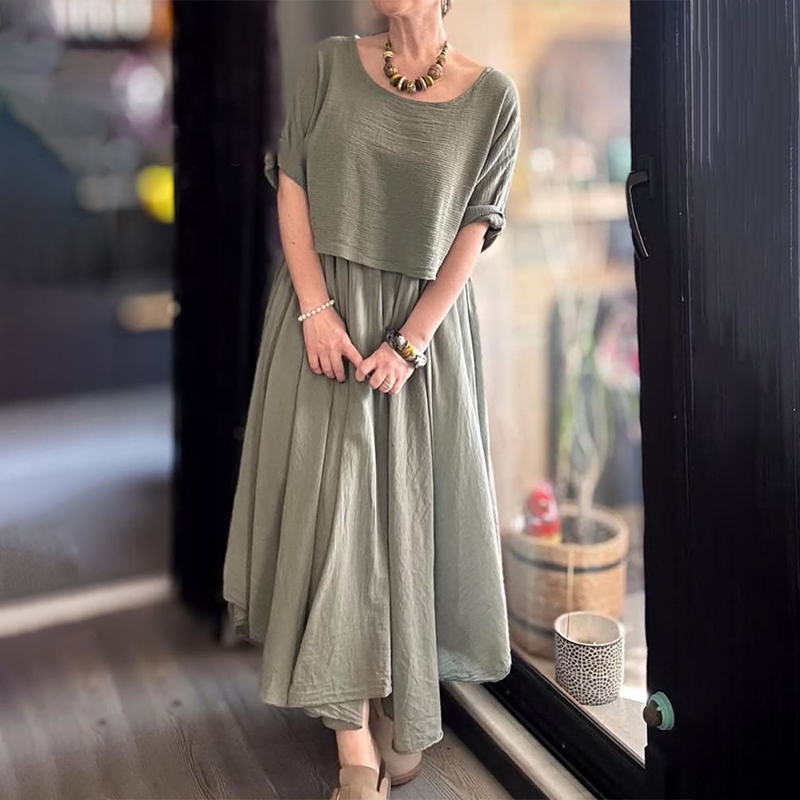 💐✨Ensemble confortable et élégant de chemisier et de jupe deux pièces à col rond en coton et lin pour femmes