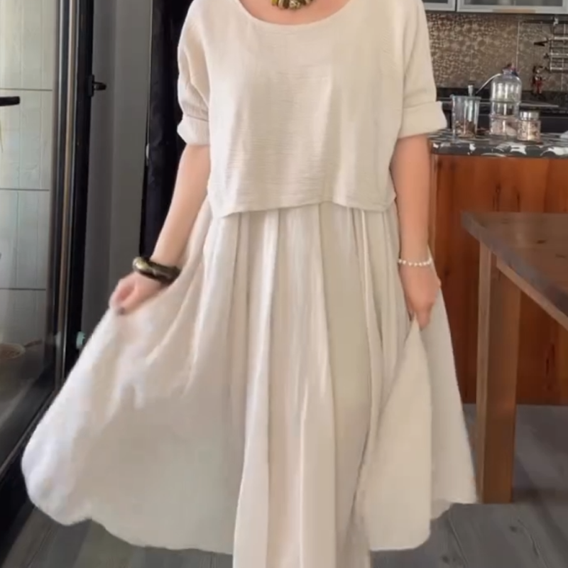 💐✨Ensemble confortable et élégant de chemisier et de jupe deux pièces à col rond en coton et lin pour femmes