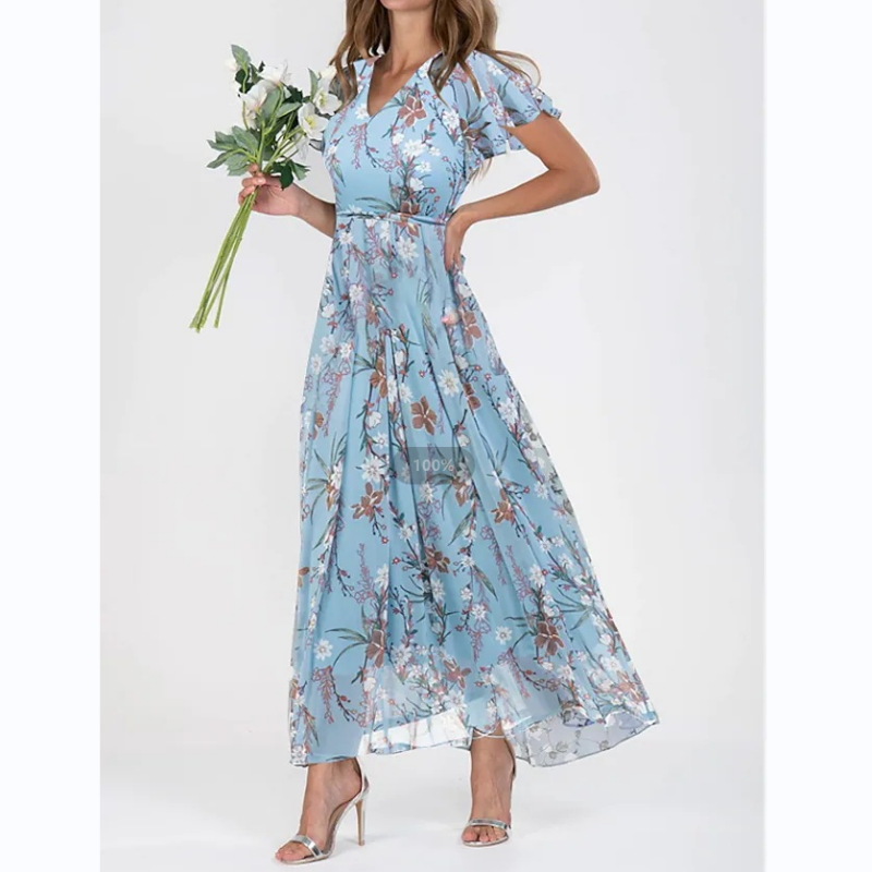 👗Robe longue à manches courtes et motif floral