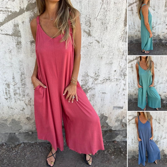 Combinaison décontractée pour femme en mélange de coton et de lin avec poches et bretelles réglables dans une coupe ample