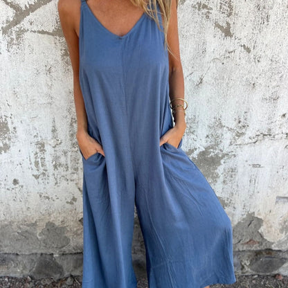 Combinaison décontractée pour femme en mélange de coton et de lin avec poches et bretelles réglables dans une coupe ample