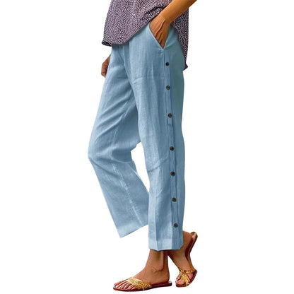 Pantalon 7/8 décontracté de couleur unie avec boutons latéraux et coupe ample