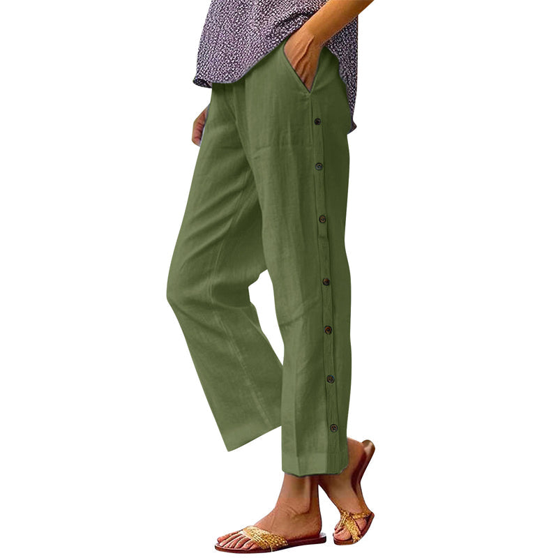 Pantalon 7/8 décontracté de couleur unie avec boutons latéraux et coupe ample