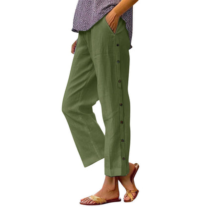 Pantalon 7/8 décontracté de couleur unie avec boutons latéraux et coupe ample