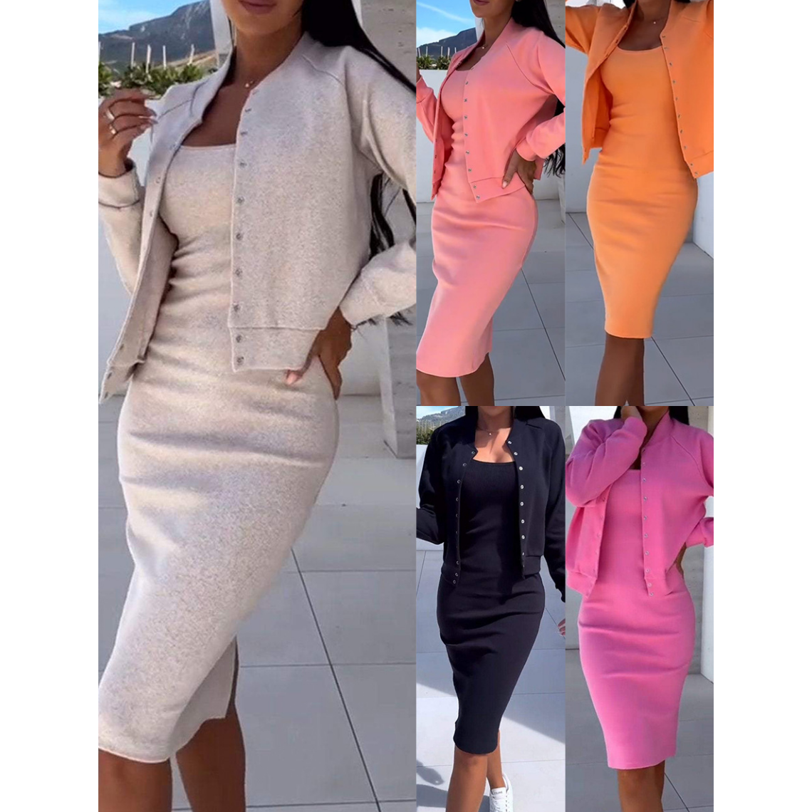 💐60% DE RÉDUCTION – TEMPS LIMITÉ ! Ensemble Robe Bodycon & Veste Courte – 5 Couleurs, Tissu Extensible Doux 🌸👗【Stock Limité】