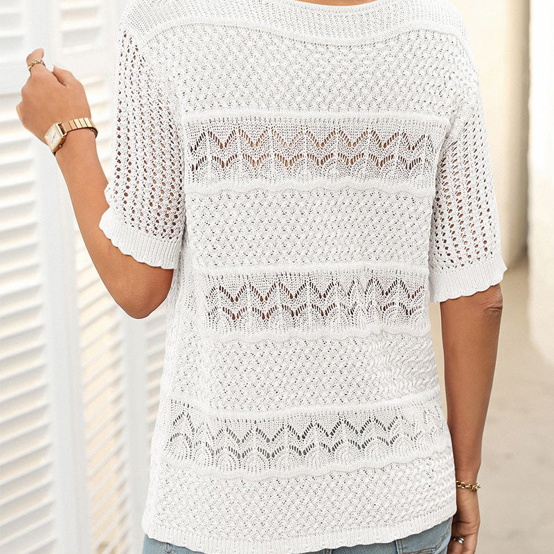 🏆Jusqu'à 50% de réduction !🌷Pull femme manches courtes col rond aspect ajouré et crochet