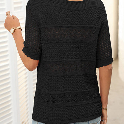 🏆Jusqu'à 50% de réduction !🌷Pull femme manches courtes col rond aspect ajouré et crochet