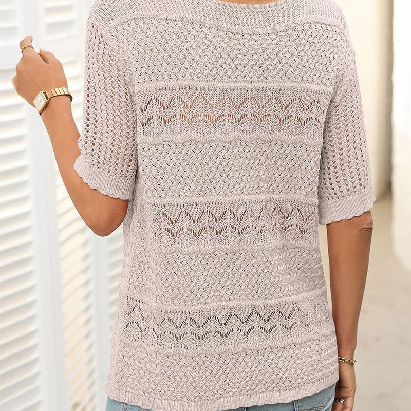 🏆Jusqu'à 50% de réduction !🌷Pull femme manches courtes col rond aspect ajouré et crochet