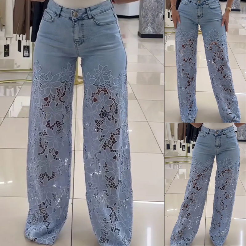 📢📢50 % de réduction !! ⏰ Jeans en Denim Patchwork avec Dentelle – Coupe Mi-Haute, Extensible & Style Boho-Chic 🌸👖