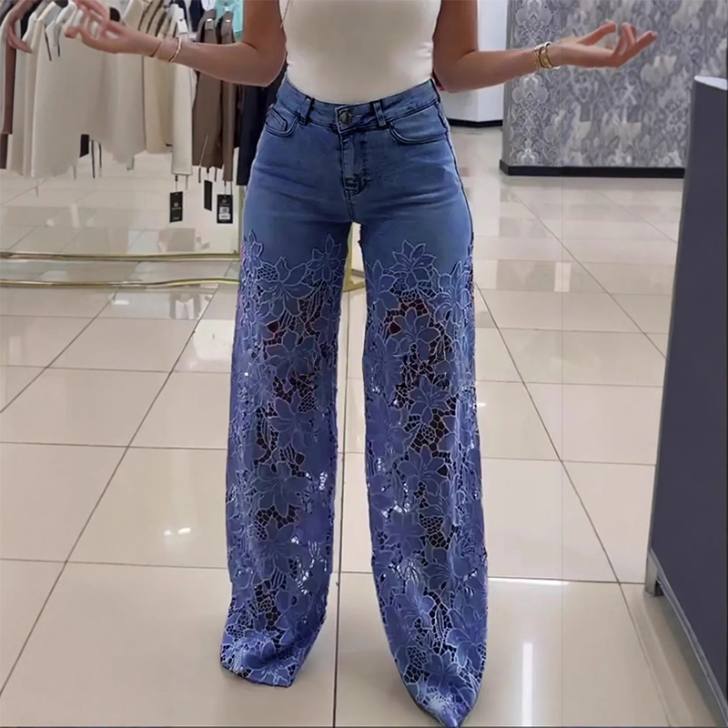 📢📢50 % de réduction !! ⏰ Jeans en Denim Patchwork avec Dentelle – Coupe Mi-Haute, Extensible & Style Boho-Chic 🌸👖