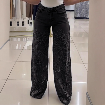 📢📢50 % de réduction !! ⏰ Jeans en Denim Patchwork avec Dentelle – Coupe Mi-Haute, Extensible & Style Boho-Chic 🌸👖