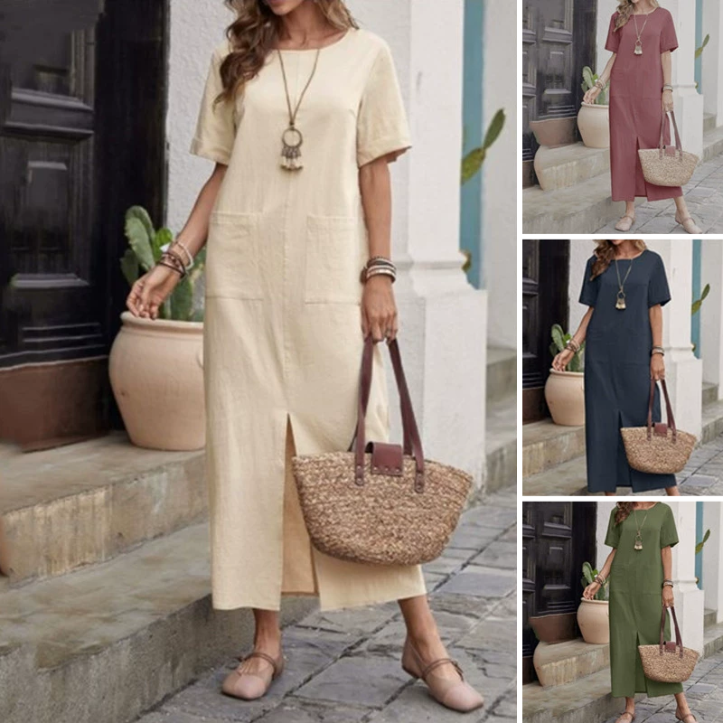 Robe ample à col rond en coton et lin