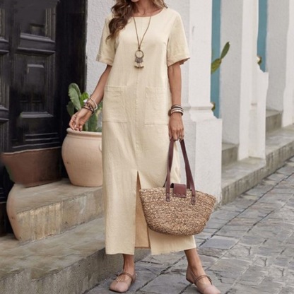 Robe ample à col rond en coton et lin