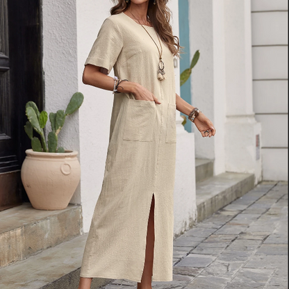 Robe ample à col rond en coton et lin