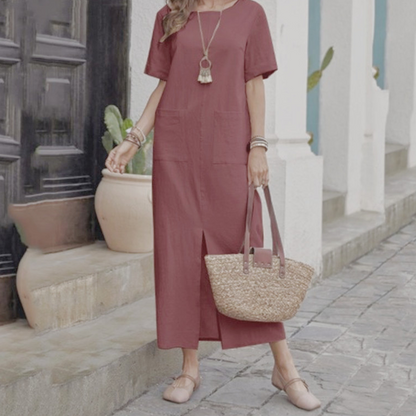 Robe ample à col rond en coton et lin