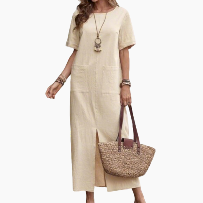 Robe ample à col rond en coton et lin