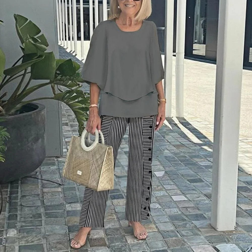 🌸Ensemble pantalon décontracté pour femme avec une encolure ronde et des demi-manches avec un imprimé