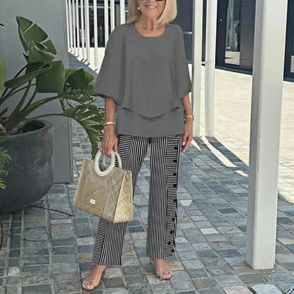 🌸Ensemble pantalon décontracté pour femme avec une encolure ronde et des demi-manches avec un imprimé