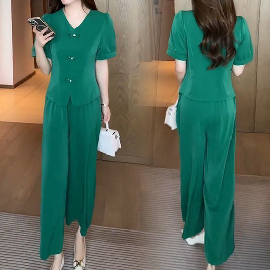 Ensemble 2 pièces pour femmes - Top à manches courtes avec col en V et pantalon large assorti