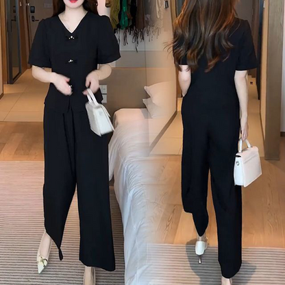Ensemble 2 pièces pour femmes - Top à manches courtes avec col en V et pantalon large assorti