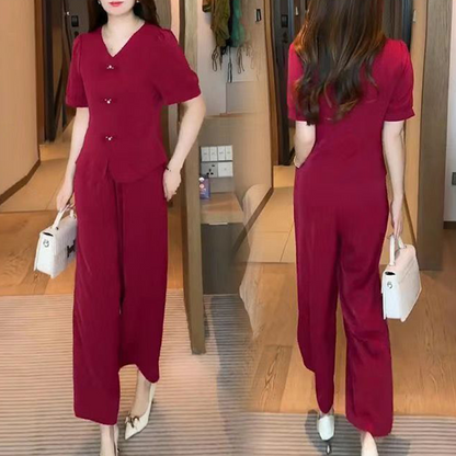 Ensemble 2 pièces pour femmes - Top à manches courtes avec col en V et pantalon large assorti