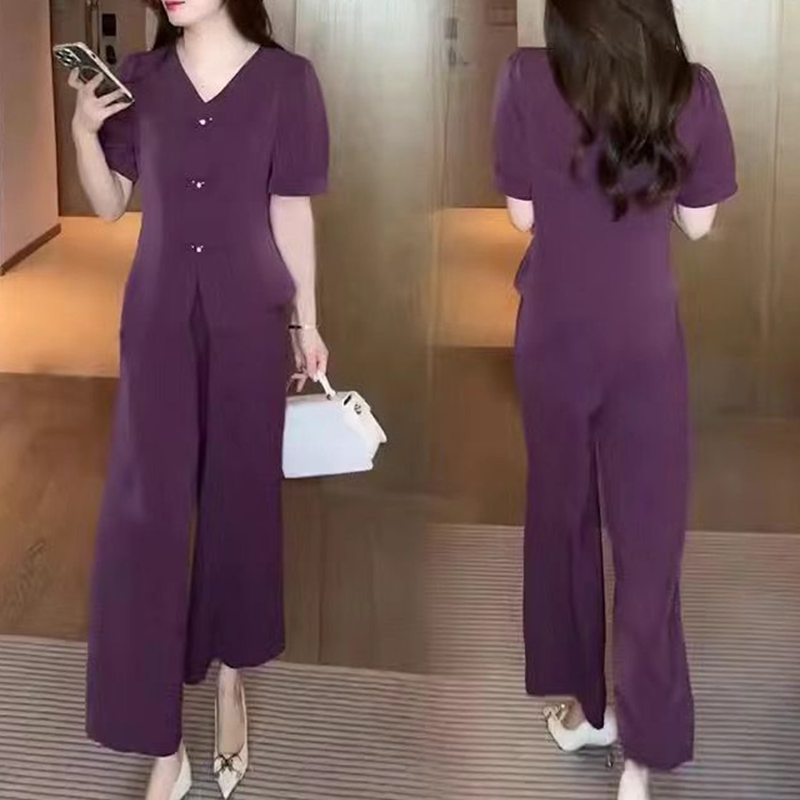 Ensemble 2 pièces pour femmes - Top à manches courtes avec col en V et pantalon large assorti