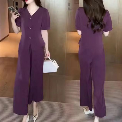 Ensemble 2 pièces pour femmes - Top à manches courtes avec col en V et pantalon large assorti