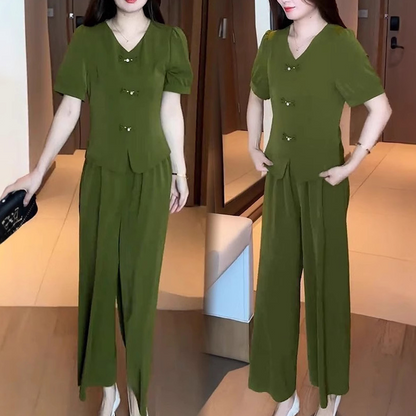 Ensemble 2 pièces pour femmes - Top à manches courtes avec col en V et pantalon large assorti
