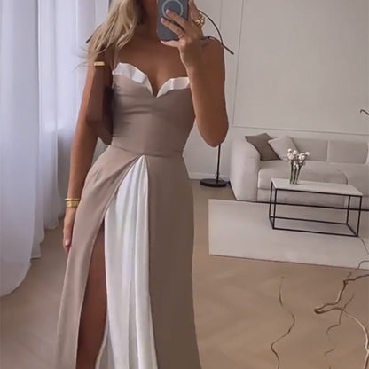 Robe longue plissée sans manches à blocs de couleurs pour femme