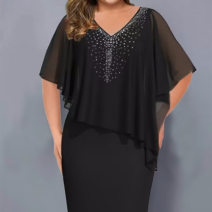 🌸Sommer-Sonderangebote 2026💐Robe cape en strass avec col en V et superposition en mousseline