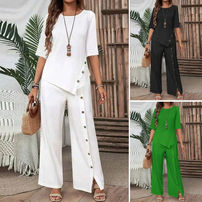 🌸Ensemble deux pièces pour femme composé d'un top avec ourlet asymétrique et d'un pantalon à jambes larges