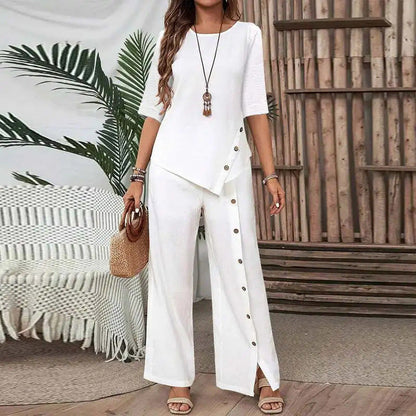 👚 60% DE RÉDUCTION! 🌸 Ensemble Deux Pièces pour Femme – Top avec Ourlet Asymétrique & Pantalon à Jambes Larges, Look Moderne & Confortable 💃