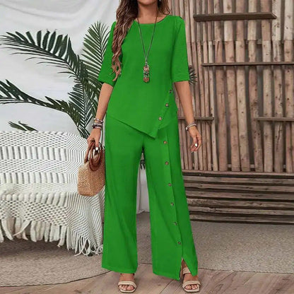 👚 60% DE RÉDUCTION! 🌸 Ensemble Deux Pièces pour Femme – Top avec Ourlet Asymétrique & Pantalon à Jambes Larges, Look Moderne & Confortable 💃