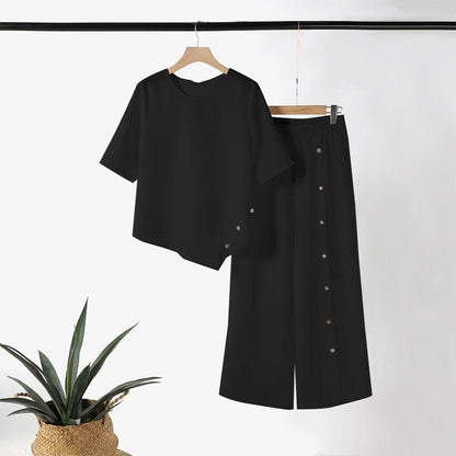 👚 60% DE RÉDUCTION! 🌸 Ensemble Deux Pièces pour Femme – Top avec Ourlet Asymétrique & Pantalon à Jambes Larges, Look Moderne & Confortable 💃
