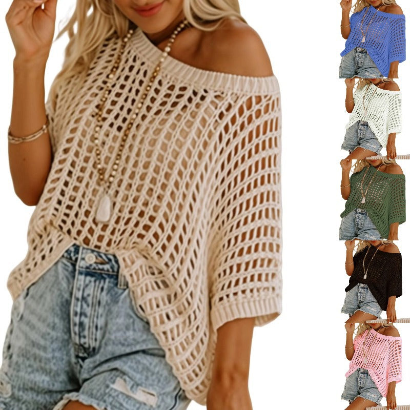💎 50% DE RÉDUCTION ! 💎 Débardeur Décontracté en Crochet à Maille Creuse – Élégance Transparente, Manches 3/4 & Confort Moelleux 🌸👚