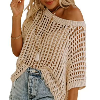 💎 50% DE RÉDUCTION ! 💎 Débardeur Décontracté en Crochet à Maille Creuse – Élégance Transparente, Manches 3/4 & Confort Moelleux 🌸👚